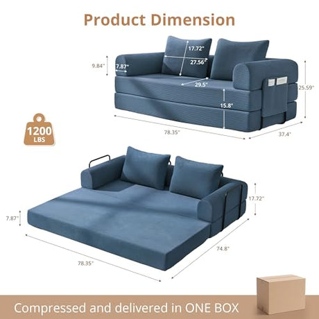 YUUIJOAA 4-in-1 Folding Convertible Sofa Bed, 78 Inch Oversized Corduroy Loveseat Sleeper with Pull Out Bed, Boneless Futon Couch for Living Room Apartment, No Assembly Needed, Blue YUUIJOAA