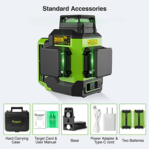 Huepar 3x360°Laser Level with 2 Li-ion Batteries 3D Outdoor Green Cross Line Self Leveling for Construction/Picture Hanging Hard Case，Magnetic Huepar