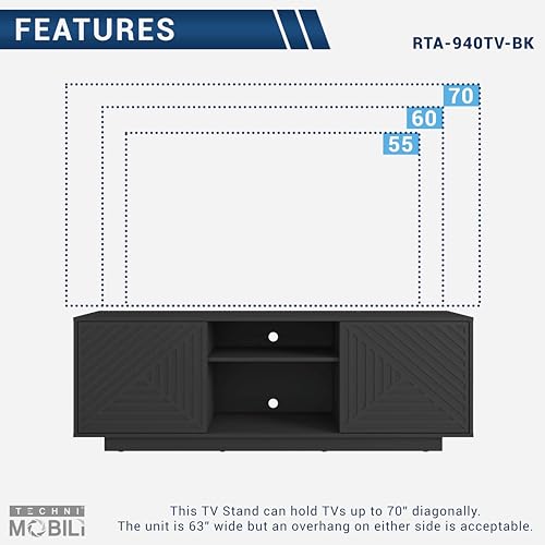 Techni Mobili Modern TV Stand for Screen TVs Up to 70” When Measured Diagonally – Black TV Stand with 2 Storage Cabinets with Patterned Doors and Open Shelves – Black