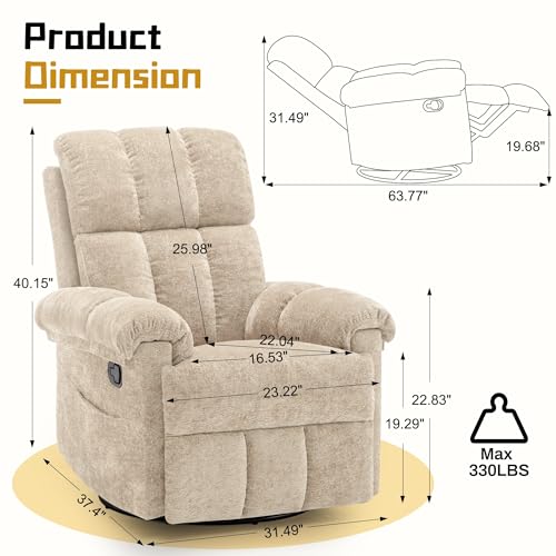 Korser Recliner Chair, Small Rocker Recliner Chair for Adults, Swivel Recliners for Small Spaces, Manual Recliner, Upholstered Nursery Rocking Chair for Living Room, Chenille, Khaki