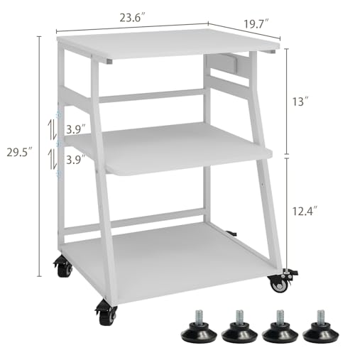 Natwind 23.6"x19.7" Large Printer Stand,3 Tier Printer Table with Charging Station, Rolling Cart with Adjustable Storage Shelf for Home Office Organization, Stand for Heat Press,3D Printer (White)