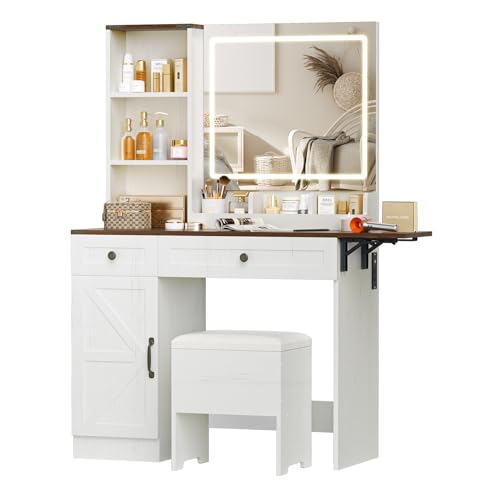 NUNU LAB Farmhouse Makeup Vanity Desk with Mirror and Lights, Large Makeup Vanity Table with Power Outlet, Drawers and Cabinet, Vanity Set Dressing Table with Storage Bench for Women Girls, Brown NUNU LAB