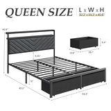 Fluest Queen Bed Frame with 2 Drawers, Upholstered Headboard with Storage and Charging Station, LED Lights, Fabric Drawers with Wheels, Under Bed Storage, No Box Spring Needed, Easy Assembly, Grey Fluest