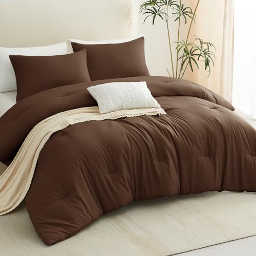 CozyLux Full Size Comforter Set Brown, 3 Pieces Solid Breathable Quilted Style Bedding Sets, Luxury Fluffy Soft Bed Set with Down Alternative Comforter for All Season (1 Comforter & 2 Pillowcases) CozyLux