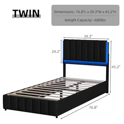 REVOMINCA Twin Upholstered Bed Frame with LED Lights, Faux Leather Platform Bed with Headboard and Wooden Slats Support, No Box Spring Needed, Noise-Free, Easy Assembly, Black REVOMINCA