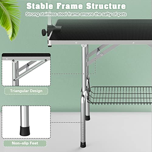 Lyromix Dog Grooming Table, Adjustable Large Pet Drying Desktop, Foldable Bathing Desk with Arms, Noose, Mesh Tray, Maximum Capacity Up to 330Lb