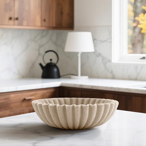 Plukers 10'' Scalloped Decorative Key Bowl for Entryway Coffee Table - Catchall Trinket Large Candy Fruit Purse Holder Kitchen Countertop Console Modern Home Decor, Artificial Stone Beige Plukers