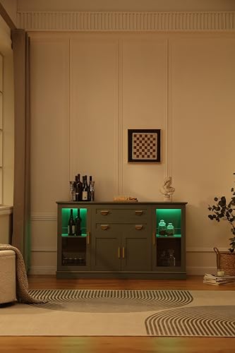 FOREST GRAVITY 58.27'' Buffet Cabinet with 2 Drawers and Adjustable Shelves,Large Glass Door Coffee Bar Cabinet,Modern Farmhouse Sideboard Credenza for Kitchen,Green FOREST GRAVITY