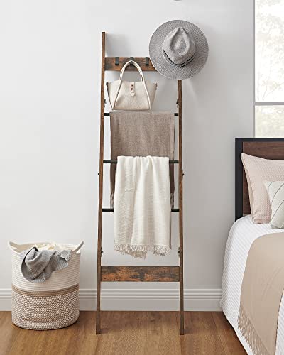 Hzuaneri Blanket Ladder Shelf for Living Room, Decorative Wood Quilt Rack with 4 Removable Hooks, 5-Tier Farmhouse Ladder Holder Organizer for Bedroom, Rustic Brown 02101BBR - WoodArtSupply