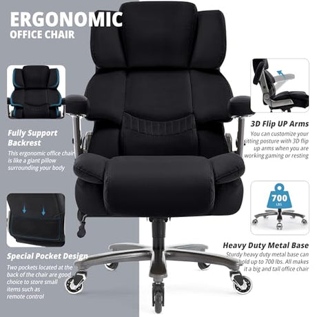 Fabric Big and Tall Office Chair 700lbs-High Back Executive Cloth Computer Chair with Adjustable Lumbar Support 3D Flip Arms Plus Size Rubber Wheels-Extra Wide Large Desk Chairs, Heavy Duty Metal Base VUZI
