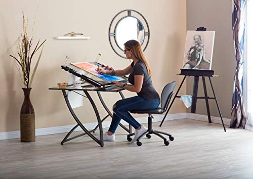 SD STUDIO DESIGNS Futura Luxe Drawing, Drafting, Craft Table with Drawer, 35" Wide Angle Adjustable Top and Side Shelf, Pewter Grey/Clear Glass SD STUDIO DESIGNS