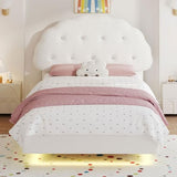 Decofy Cookie Twin Upholstered Bed Frame with LED Lights, Floating Bed Frames with Adjustable Headboard and Raised Footboard for Princess/Prince Bedroom, Teddy Velvet（White） Decofy