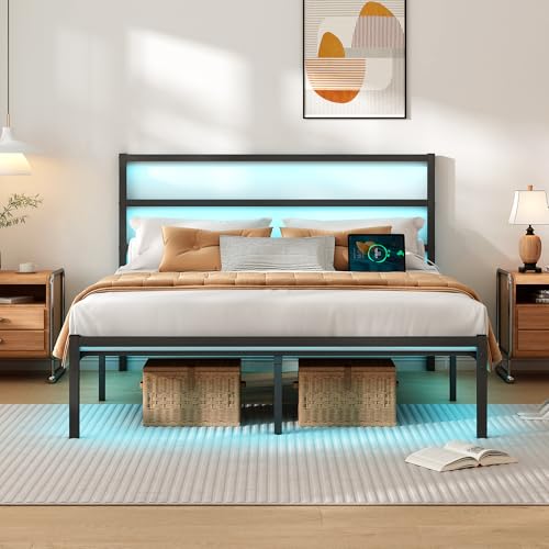 CLIBFENG Full Size Bed Frame with Headboard,Heavy Duty Steel Slats Support-LED Bed Frame with USB Charging Station,Mattress Foundation-Under Bed Storage,No Box Spring Needed,Noise Free，Black CLIBFENG
