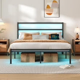 CLIBFENG Full Size Bed Frame with Headboard,Heavy Duty Steel Slats Support-LED Bed Frame with USB Charging Station,Mattress Foundation-Under Bed Storage,No Box Spring Needed,Noise Free，Black CLIBFENG