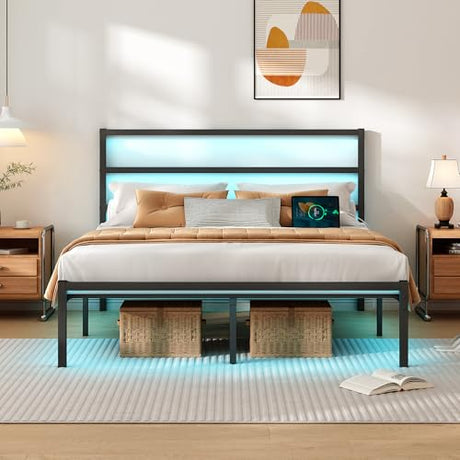 CLIBFENG Full Size Bed Frame with Headboard,Heavy Duty Steel Slats Support-LED Bed Frame with USB Charging Station,Mattress Foundation-Under Bed Storage,No Box Spring Needed,Noise Free，Black CLIBFENG