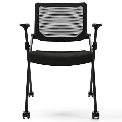 FYLICA Foldable Office Chair with PU Wheels and Smooth Armrest-Ergonomic Mesh Bouncing Back, Stackable Conference Room Chair, Office Guest & Reception & Meeting Chair (Black)