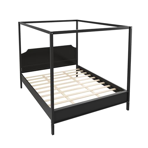 Queen Size Solid Wood Canopy Bed with Headboard and 10''H Under-Bed Storage,Mid-Century Modern Four Posters Platform Bed with Wood Slat Support for Bedroom,No Box Spring Needed,Easy Assembly,Black