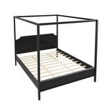 Queen Size Solid Wood Canopy Bed with Headboard and 10''H Under-Bed Storage,Mid-Century Modern Four Posters Platform Bed with Wood Slat Support for Bedroom,No Box Spring Needed,Easy Assembly,Black