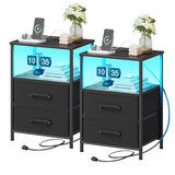 TRIFEBLE Nightstands Set of 2, Night Stand with Charging Station and Led Lights, Bedside Table with 2 Fabric Drawers for Bedroom, Small Side End Table with Open Shelf, Black TRIFEBLE