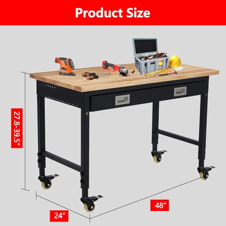 ACONEE 48" Adjustable Workbench, Heavy Duty Workstation 2000 LB Load Capacity, Rubber Wood Top Workstation with Drawer & 4 Rolling Casters, Power Outlets, Metal Frame, Workbench for Workshop Garage ACONEE
