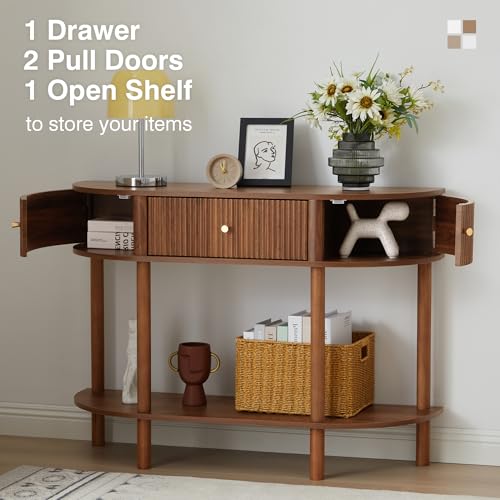 XUZENEST 43.3“ Fluted Half Moon Console Table, Modern Entryway Console Sofa Table with Storage, Narrow Wood Accent Tables Behind Couch Tables for Living Room, Hallway, Foyer(Walnut) XUZENEST