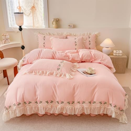 MOOWOO Flower Lace Ruffled Bedding Set- Sweet Girl Chiffon Ruffles Duvet Cover Set- 3PC(1 Full Duvet Cover 80x90 Inch, 2 Pillowcases) Aesthetic Bedding for Romantic French Wedding MOOWOO