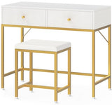 SUPERJARE 35.4" White and Gold Desk with 2 Drawers, Modern Makeup Vanity Desk with Padded Stool, Small Computer Desk Home Office Desk for Writing Study Bedroom SUPERJARE