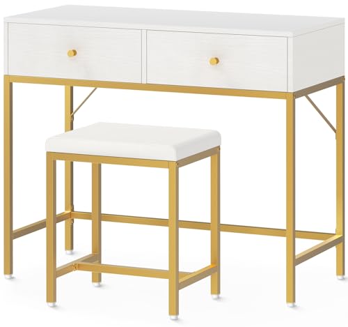 SUPERJARE 35.4" White and Gold Desk with 2 Drawers, Modern Makeup Vanity Desk with Padded Stool, Small Computer Desk Home Office Desk for Writing Study Bedroom - WoodArtSupply