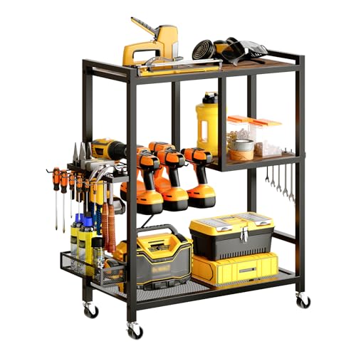 MAHANCRIS Power Tool Organizer, Power Tool Cart with Wheels, Garage Storage Organization, 6-8 Drill Rack Shelf Tool Holder, Rolling Tool Cart Mobile Open Tool Chest Cabinet Box for Workshop TCHR9901