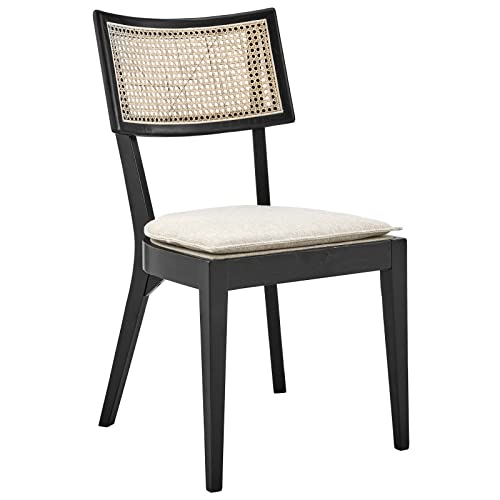 Modway Caledonia Wood Dining Chair with Cane Rattan in Black Beige - WoodArtSupply