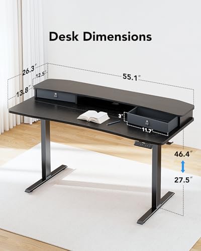 HUANUO 55″ x 26″ Electric Standing Desk with 2 Drawers, C-Clamp Mount Compatible, Height Adjustable Computer Desk, Home Office Stand Up Desk with 4 Preset Heights & 2 Hooks, Black - WoodArtSupply