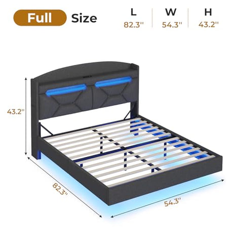 BTHFST Floating Bed Frame Full Size with Type-C Charging Station & Storage Headboard, RGB Floating Platform Bed, No Box Spring Needed, Wooden Slats Support, Dark Grey BTHFST