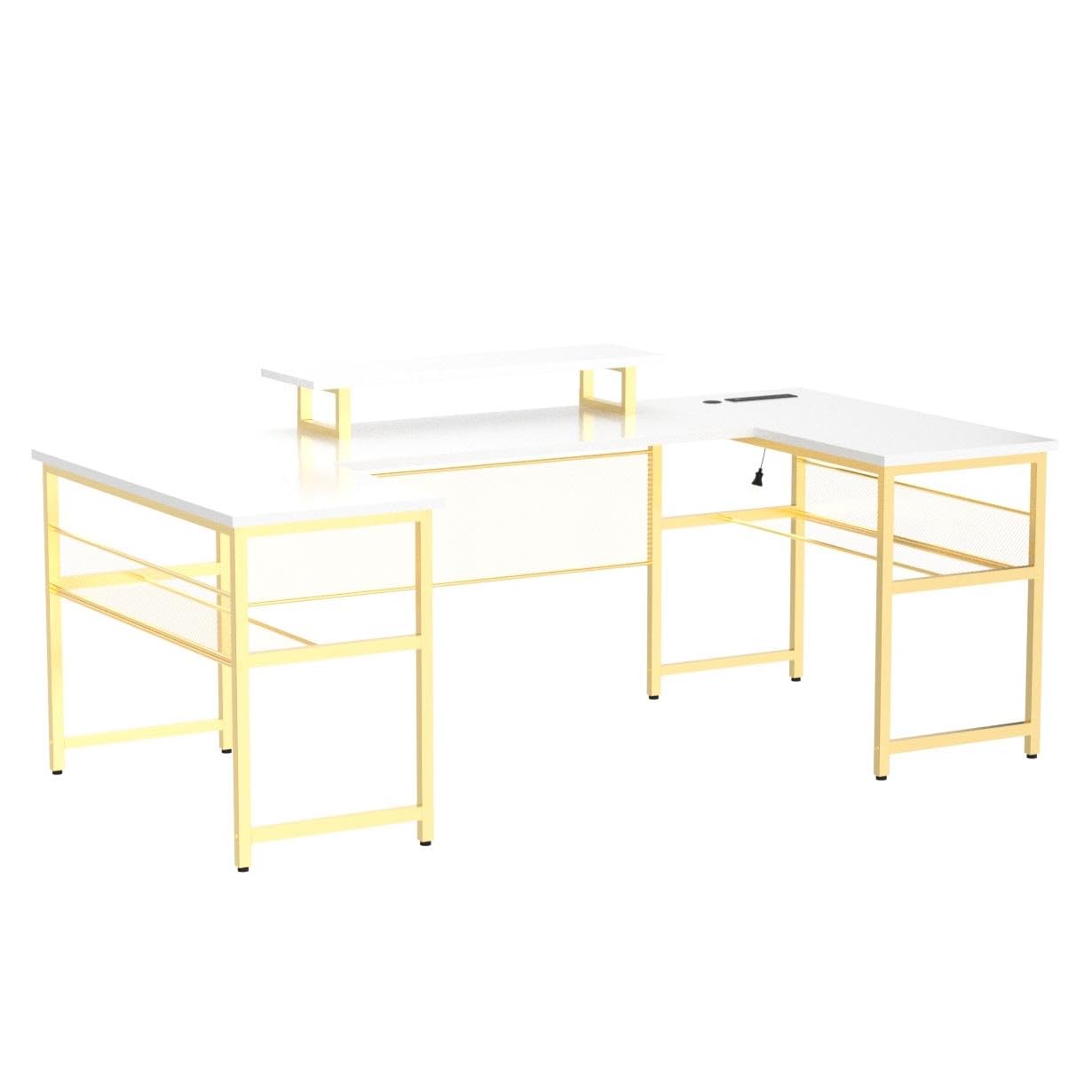 Unikito Reversible U Shaped Desk with LED Lights and Power Outlets - 83 Inch Large Corner Computer Table in White and Gold - WoodArtSupply