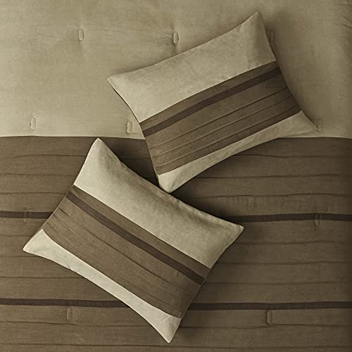Madison Park Palmer Comforter Set - Faux Suede Design, Striped Accent, All Season Down Alternative Bedding, Matching Shams, Decorative Pillow, Bed Skirt, King (104 in x 92 in), Natural 7 Piece Madison Park