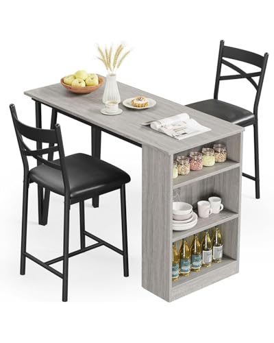 GarveeHome Extendable Bar Table Set for 2, 16 in Wide Cushions for Comfortable Seating, Bar Table and Chairs Set, Suitable for 2-4 People, Sturdy and Durable New Choice, Gray GarveeHome