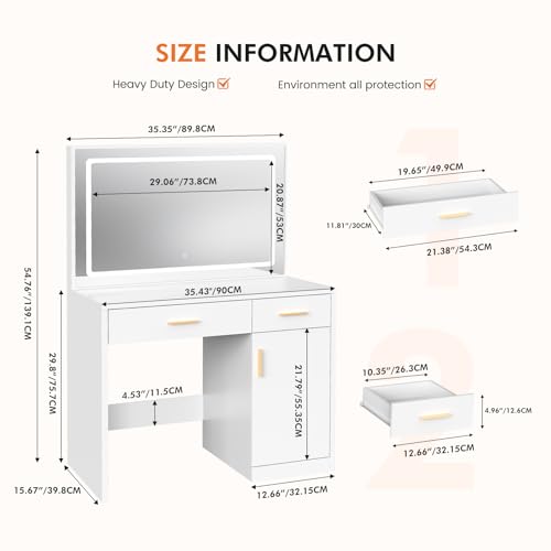 Sweetcrispy Vanity Desk with 35.4" LED Mirror and Lights, Makeup Vanity Table with Charging Station (2AC/USB/C), 2 Drawers & Large Cabinet, 3 Lighting Color Adjustable, Modern Dressing Table, White Sweetcrispy