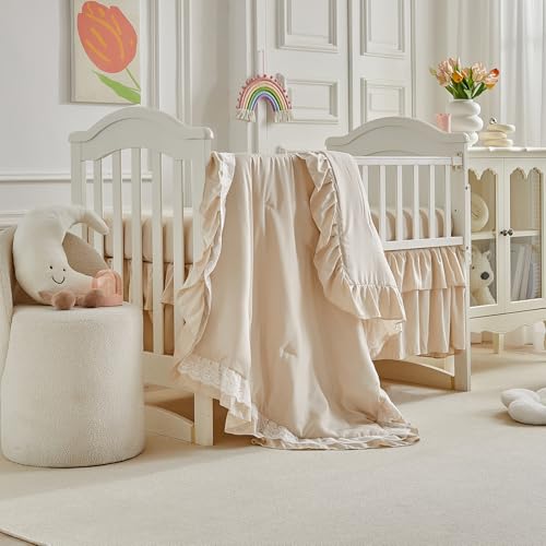 Lace Ruffle Crib Bedding Set 3 Pieces Baby Boho Lace Quilted Comforter with Fitted Sheet and Bed Skirt - Cute Ruffled Shabby Chic Baby Bedding Soft Blanket Design Pink UOZZI BEDDING