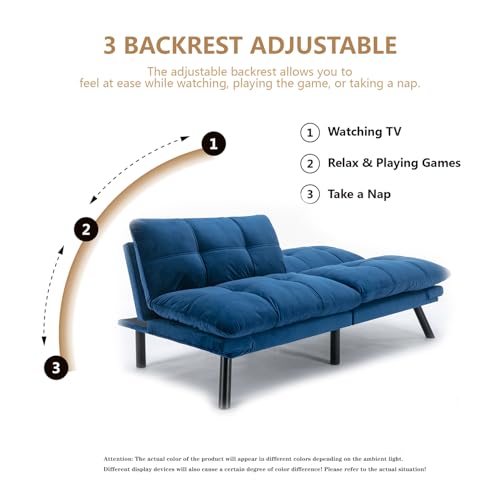 Modern Velvet Convertible Folding Futon Couch Sofa Bed Adjustable Pillow Top Arm Memory Foam Couch Double Loveseat Sofa for Compact Living Space,Dorm,Game Studio,Apartment,Bedroom (Navy Blue) Klwenas Maec