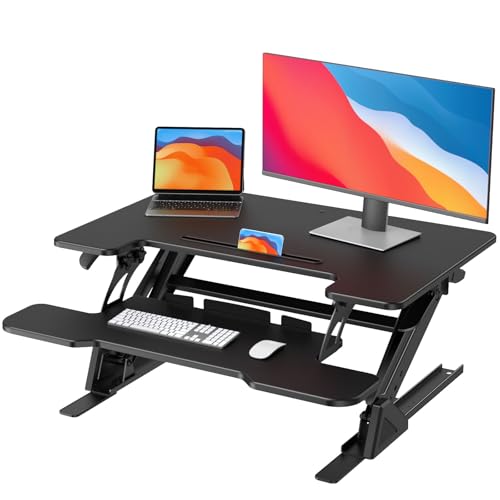 HUANUO 32" Z Shaped Stable Standing Desk Converter, Height Adjustable Sit Stand Up Desk Riser, Dual Monitor and Laptop Workstation with Wide Keyboard Tray, Desk Lifter for Home Office HUANUO
