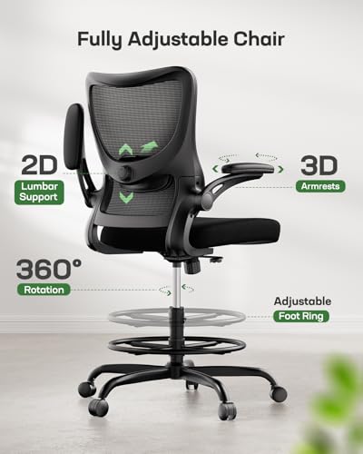 Marsail Drafting Chair, Tall Office Chair with 2D Lumbar Support, Standing Desk Chair with Padded Flip-Up Armrests & Adjustable Footrest Ring, Black Marsail
