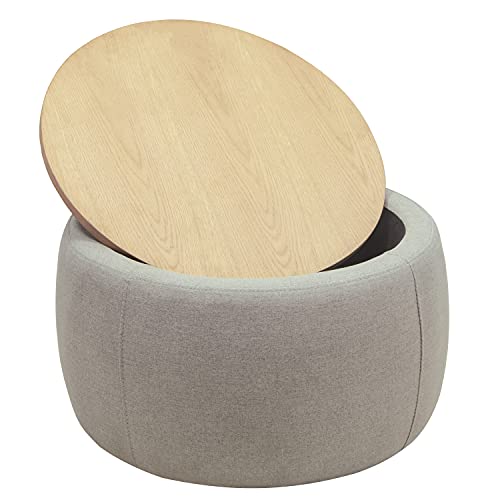 Modern Round Storage Ottoman with Wooden Lid,Circle Ottoman Handmade Ottoman Coffee Table,End Table & Footstool for Living Room (Light Gray) Kakotito