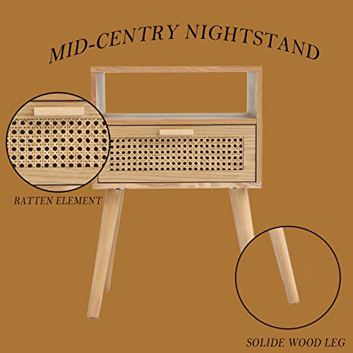MaxSmeo Modern Nightstand Rattan Side End Table with Storage, for Living Room, Bedroom and Small Spaces, Accent Bedside Farmhouse Tables with Solid Wood Legs, Easy Assembly (Natural Walnut) MaxSmeo