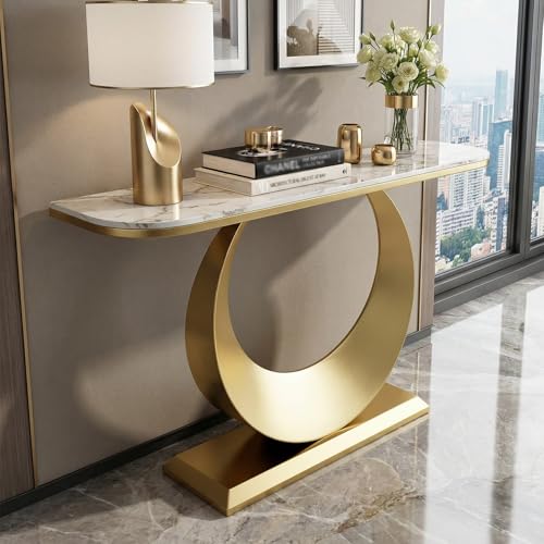 MISXEOE Modern Luxury Console Table, 47.2" Sintered Stone Entryway Table with Sculptural Metal Base, Narrow Sofa Table Behind Couch for Living Room, Hallway, Foyer(White+Gold,39.3"x11.8"x31.5") MISXEOE