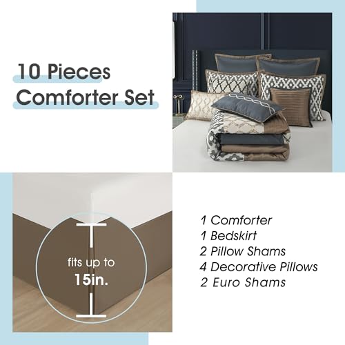 LANCO MODERN LIFESTYLE King Size Comforter Set, Grey Brown, 10 Piece Bed in a Bag for All Seasons, Luxury Extreme Comfort Bedding Sets with Bedskirt, Pillow Shams, Euro Shams and Decor Pillows LANCO MODERN LIFESTYLE