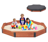85''x78''x9'' Octagon Sandbox with Cover for Kids Outdoor Play, Wood Large Sandpit with 4 Benches, Quick Easy Install SoliWood