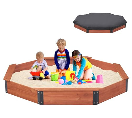85''x78''x9'' Octagon Sandbox with Cover for Kids Outdoor Play, Wood Large Sandpit with 4 Benches, Quick Easy Install SoliWood