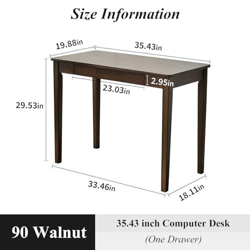 Cttasty Solid Wood Computer Desk with Drawers, Modern Writing Desk for Home Office, Mid Century Modern Desk, Oak Study Table, 35.4x19.9x29.5 inches (Single Drawer), Walnut Cttasty
