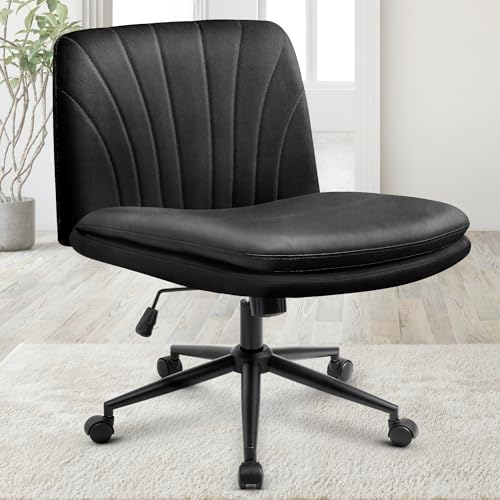 Orange Factory Criss Cross Chair with Wheels Comfy Wide Vanity Desk Chair Dual Base Leather Armless Adjustable Swivel for Home Computer Task (Black) Orange Factory