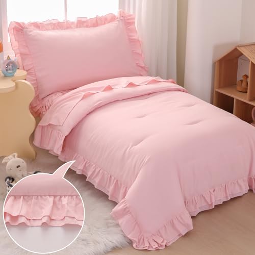 Wowelife Pink Toddler Bedding Set for Girls Toddler Bedding 4 Pieces Boho Tufted Comforter with Ruffles Design Toddler Girl Bed Set with Comforter, Fitted Sheet, Flat Sheet and Pillowcase Wowelife