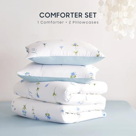 Wake In Cloud - Floral Comforter Set, Cottagecore Cute Aesthetic Watercolor Tiny Flowers and Leaves, Soft Lightweight Bedding for Women Teen Girls, 3 Pieces, Blue, Full Size Wake In Cloud